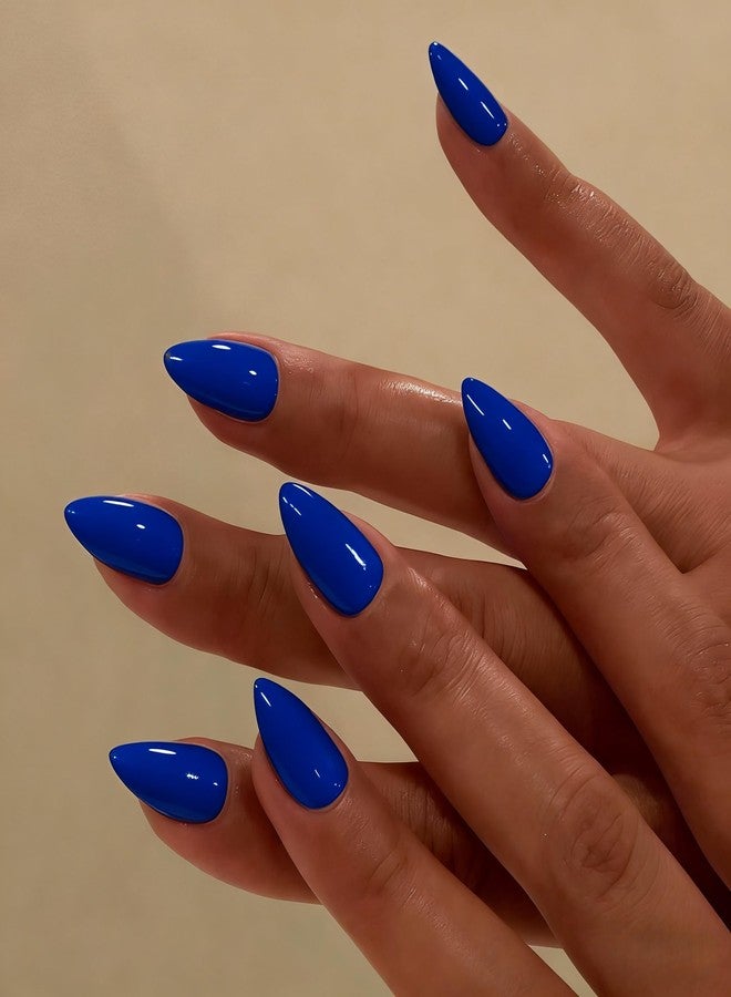 KXAMELIE Short Press on Nails Almond, Navy Blue Fake Nails Short Stiletto, Glossy Full Cover Pointed Acrylic Nails Press ons with Glue, Reusable Soft Gel Glue on Nails for Women, Easy to Apply, 30 Pcs - Image 1